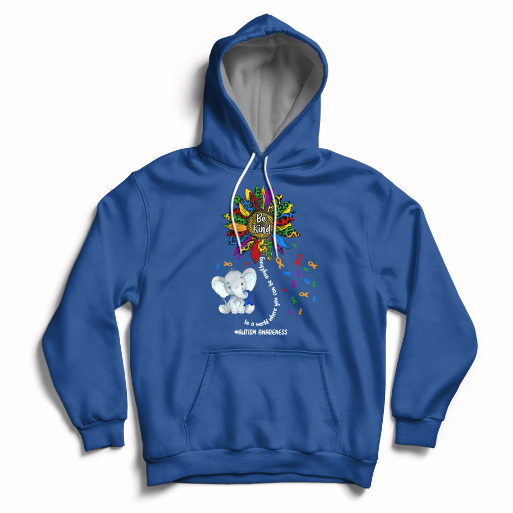 Blue autism awareness hoodie with elephant 'Be Kind' and puzzle-piece print, front pocket