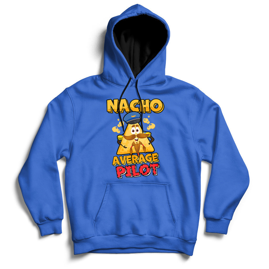 Royal blue hoodie with “Nacho Average Pilot” front graphic, kangaroo pocket and drawstring hood