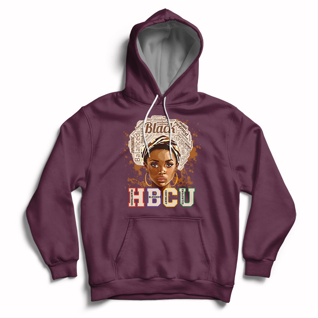 Maroon pullover hoodie with front 'HBCU' graphic and face portrait, drawstring hood