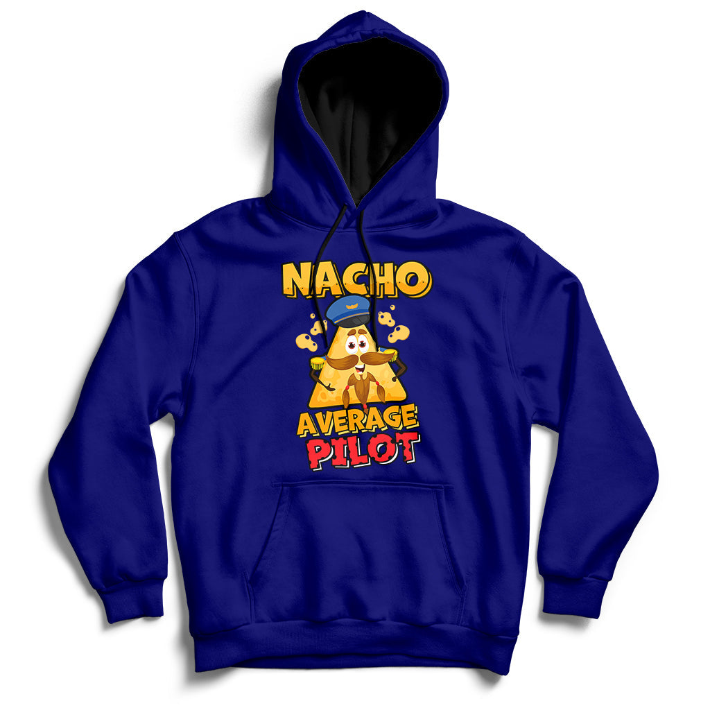 Navy hoodie with “Nacho Average Pilot” front graphic, kangaroo pocket and drawstring hood