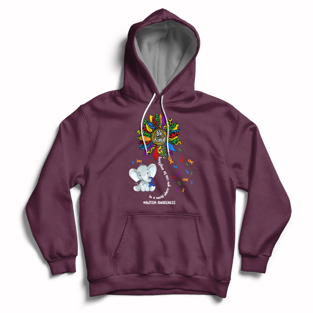 Maroon autism awareness hoodie with elephant 'Be Kind' and puzzle-piece print, front pocket