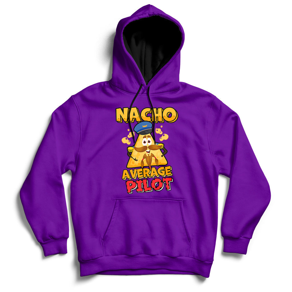 Purple hoodie with “Nacho Average Pilot” front graphic, kangaroo pocket and drawstring hood