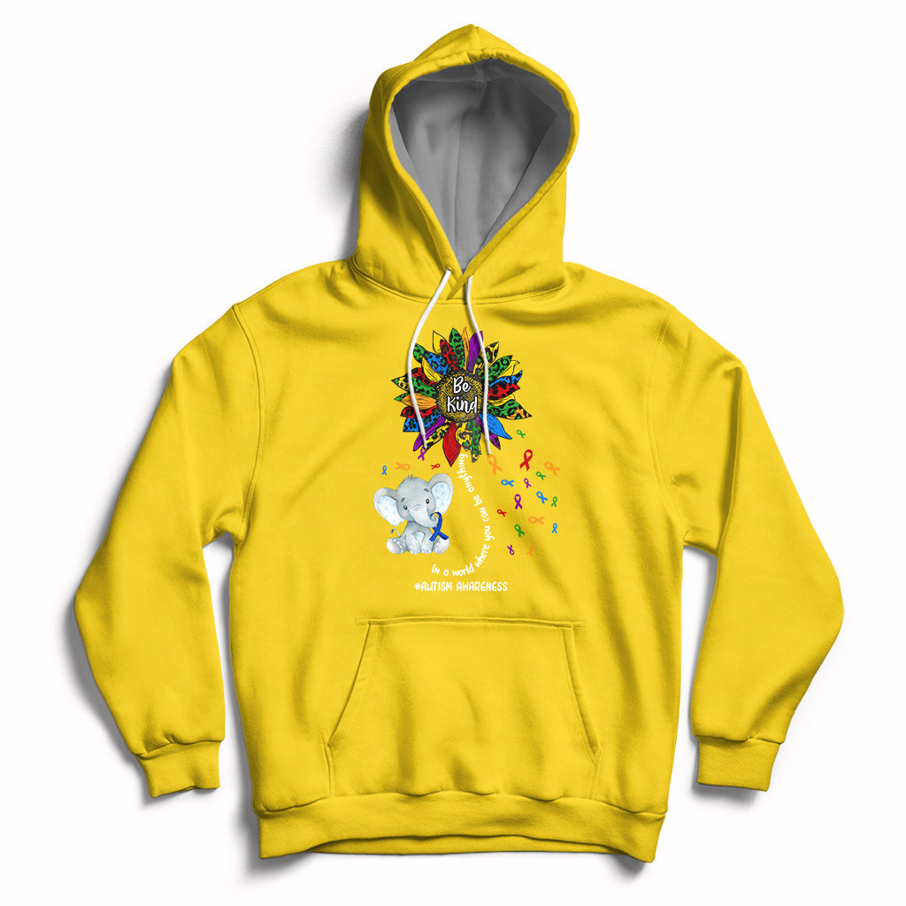 Yellow autism awareness hoodie with elephant 'Be Kind' and puzzle-piece print, front pocket