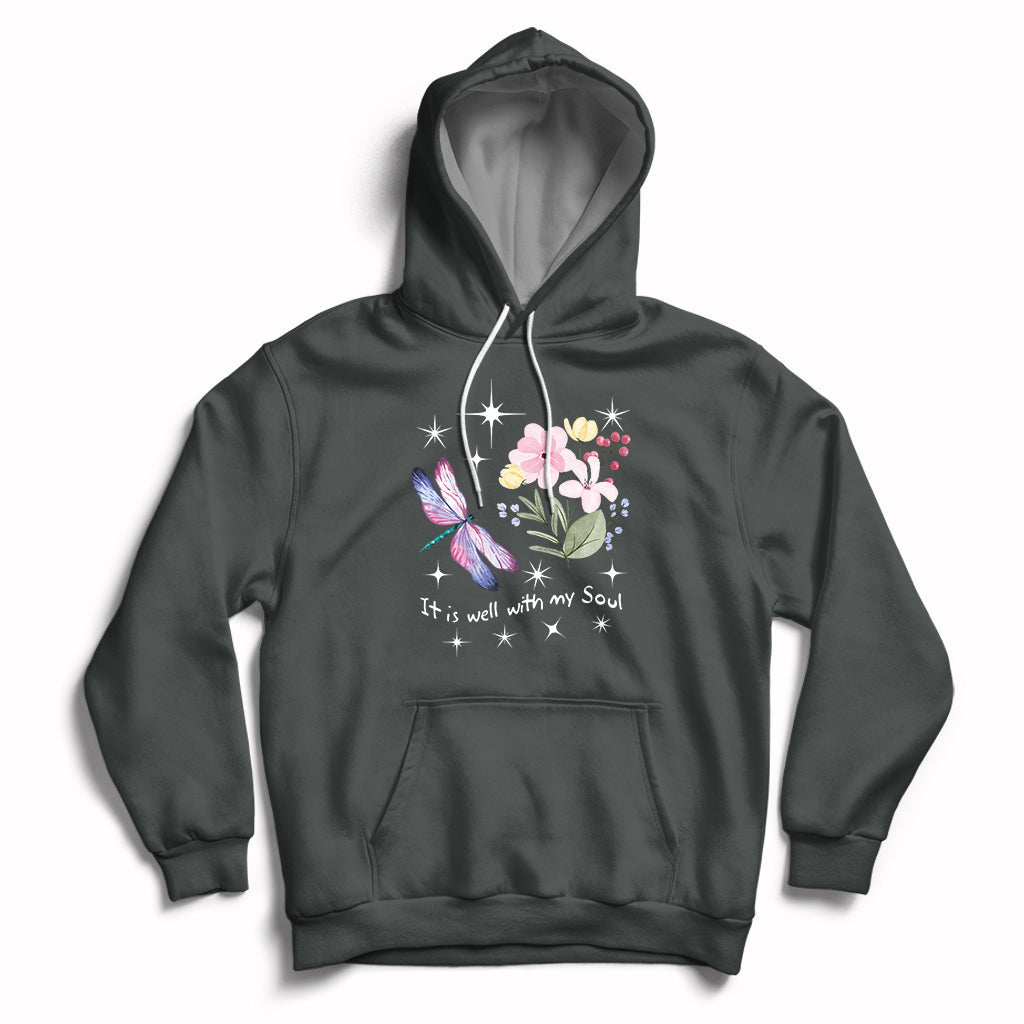 Dark heather pullover hoodie with hood strings, kangaroo pocket, floral dragonfly quote print