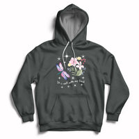 Dark heather pullover hoodie with hood strings, kangaroo pocket, floral dragonfly quote print