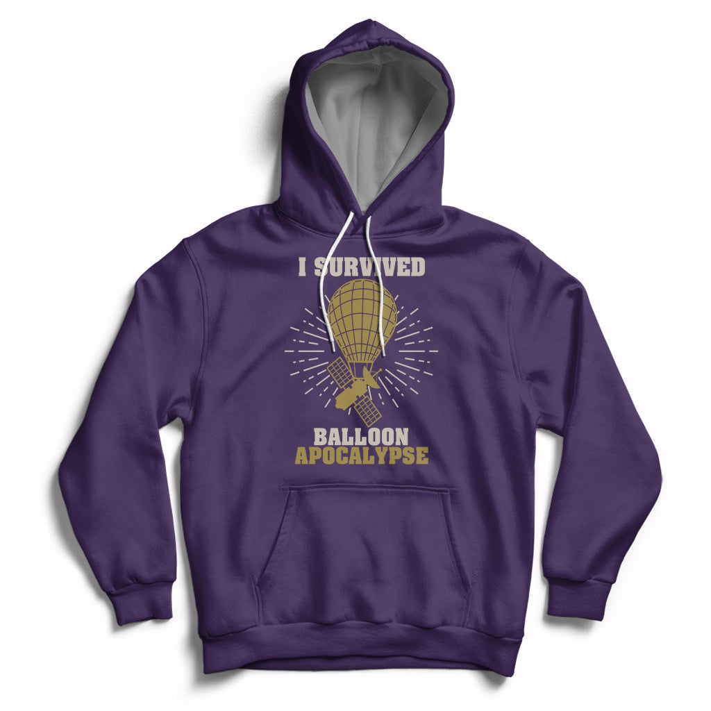 Purple hoodie with front graphic of a balloon, rays, and 'Balloon Apocalypse' text.