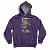 Purple hoodie with front graphic of a balloon, rays, and 'Balloon Apocalypse' text.