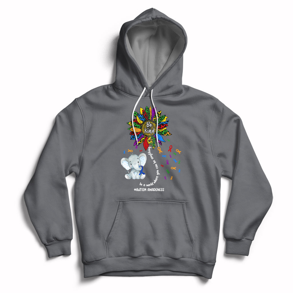 Charcoal autism awareness hoodie with elephant 'Be Kind' and puzzle-piece print, front pocket