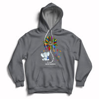 Charcoal autism awareness hoodie with elephant 'Be Kind' and puzzle-piece print, front pocket