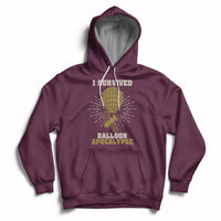 Maroon hoodie with front graphic of a balloon, rays, and 'Balloon Apocalypse' text.