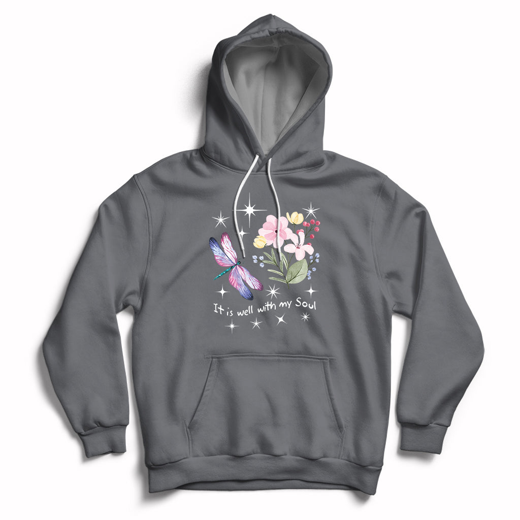 Charcoal pullover hoodie with hood strings, kangaroo pocket, floral dragonfly quote print