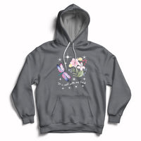 Charcoal pullover hoodie with hood strings, kangaroo pocket, floral dragonfly quote print