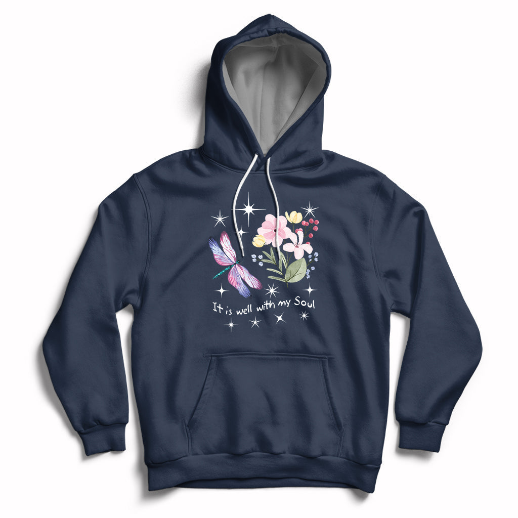 Navy pullover hoodie with hood strings, kangaroo pocket, floral dragonfly quote print