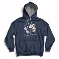 Navy pullover hoodie with hood strings, kangaroo pocket, floral dragonfly quote print