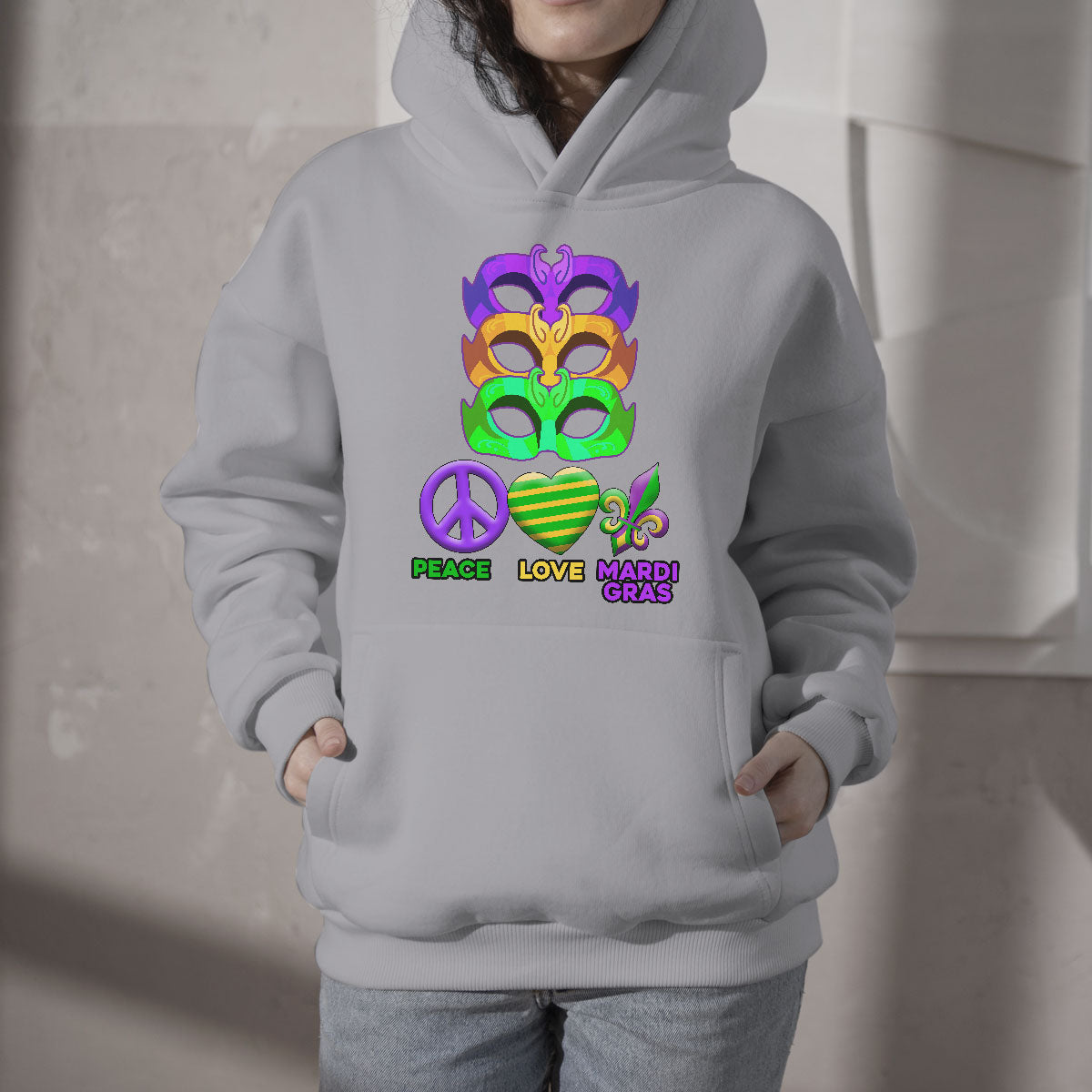 Peace Love Mardi Gras Mardi Gras Costume Carnival Mask Beads And Bling Hoodie - Wonder Print Shop