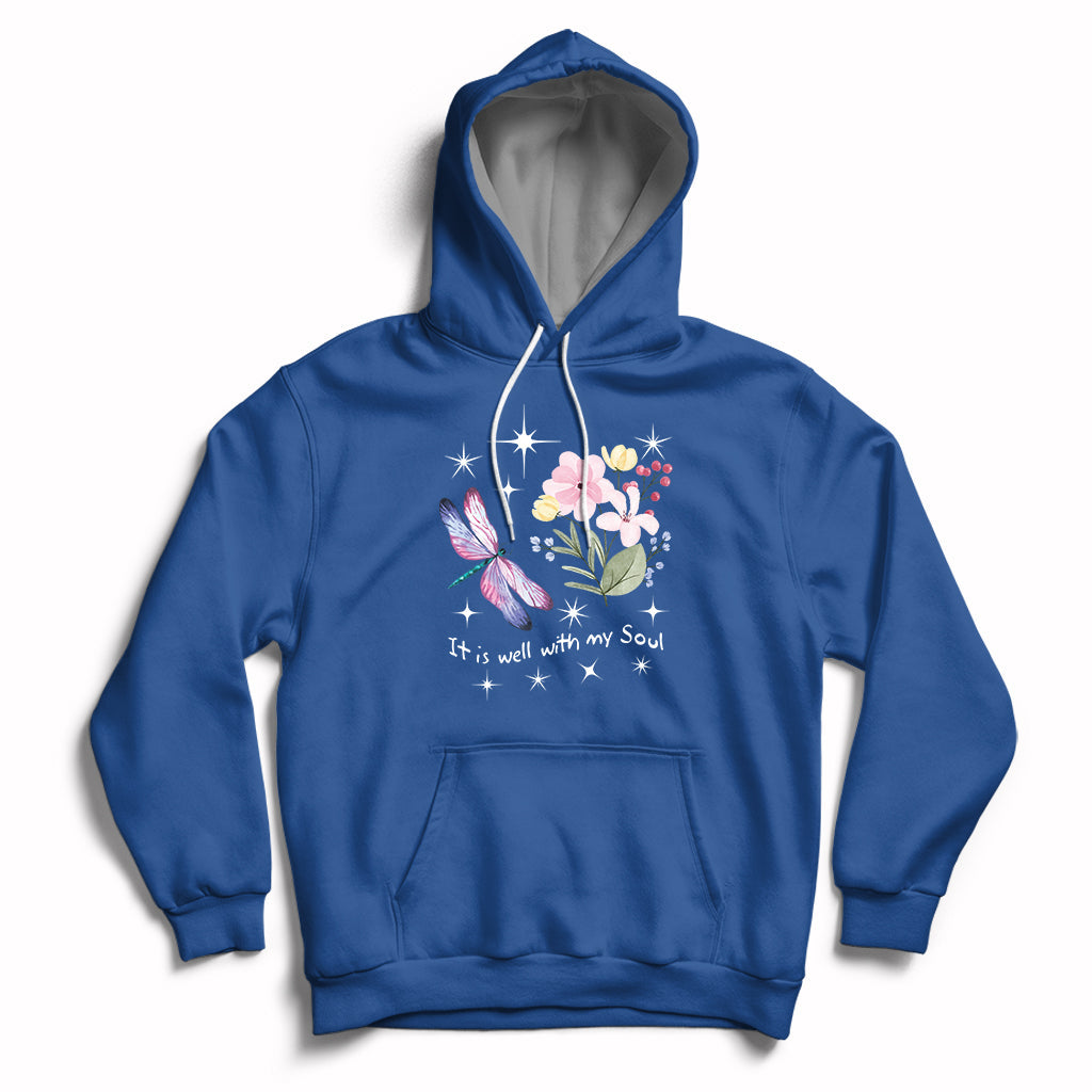 Royal blue pullover hoodie with hood strings, kangaroo pocket, floral dragonfly quote print