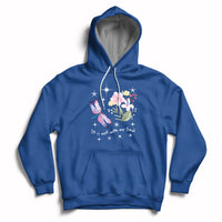 Royal blue pullover hoodie with hood strings, kangaroo pocket, floral dragonfly quote print