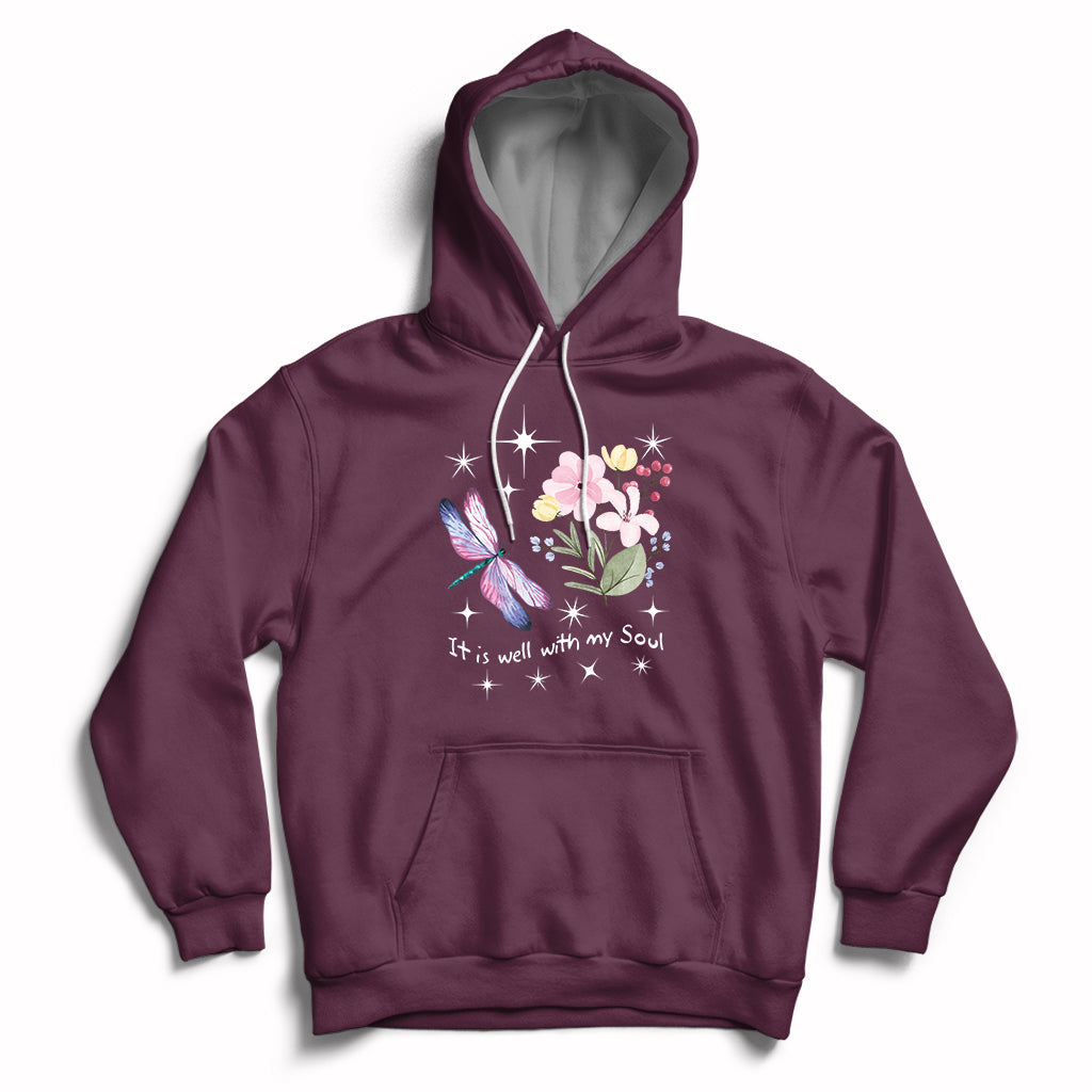 Maroon pullover hoodie with hood strings, kangaroo pocket, floral dragonfly quote print