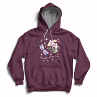 Maroon pullover hoodie with hood strings, kangaroo pocket, floral dragonfly quote print