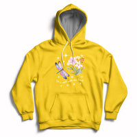 Daisy yellow pullover hoodie with hood strings, kangaroo pocket, floral dragonfly quote print