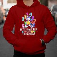 Red kids hoodie with colorful unicorn number graphic and slogan on the front
