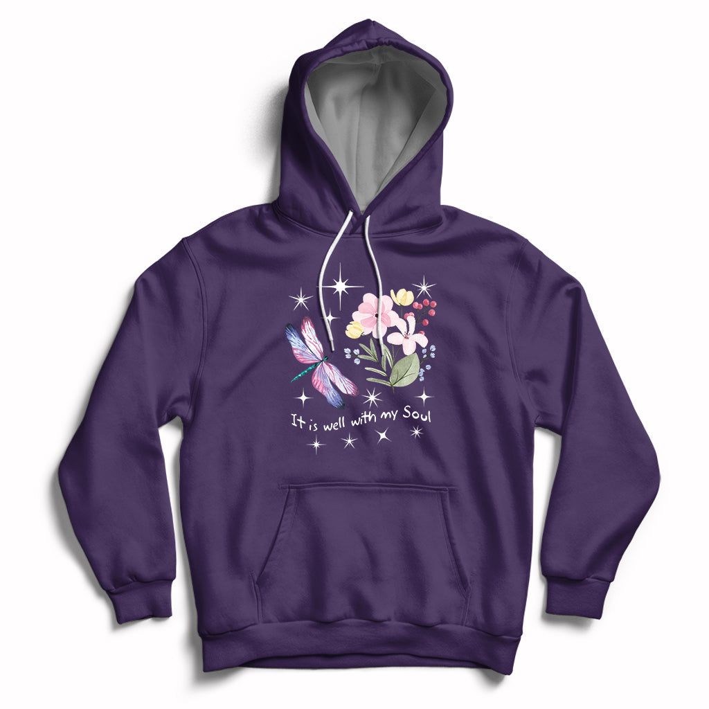 Purple pullover hoodie with hood strings, kangaroo pocket, floral dragonfly quote print