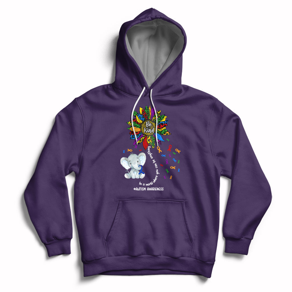 Purple autism awareness hoodie with elephant 'Be Kind' and puzzle-piece print, front pocket