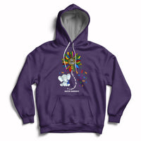 Purple autism awareness hoodie with elephant 'Be Kind' and puzzle-piece print, front pocket