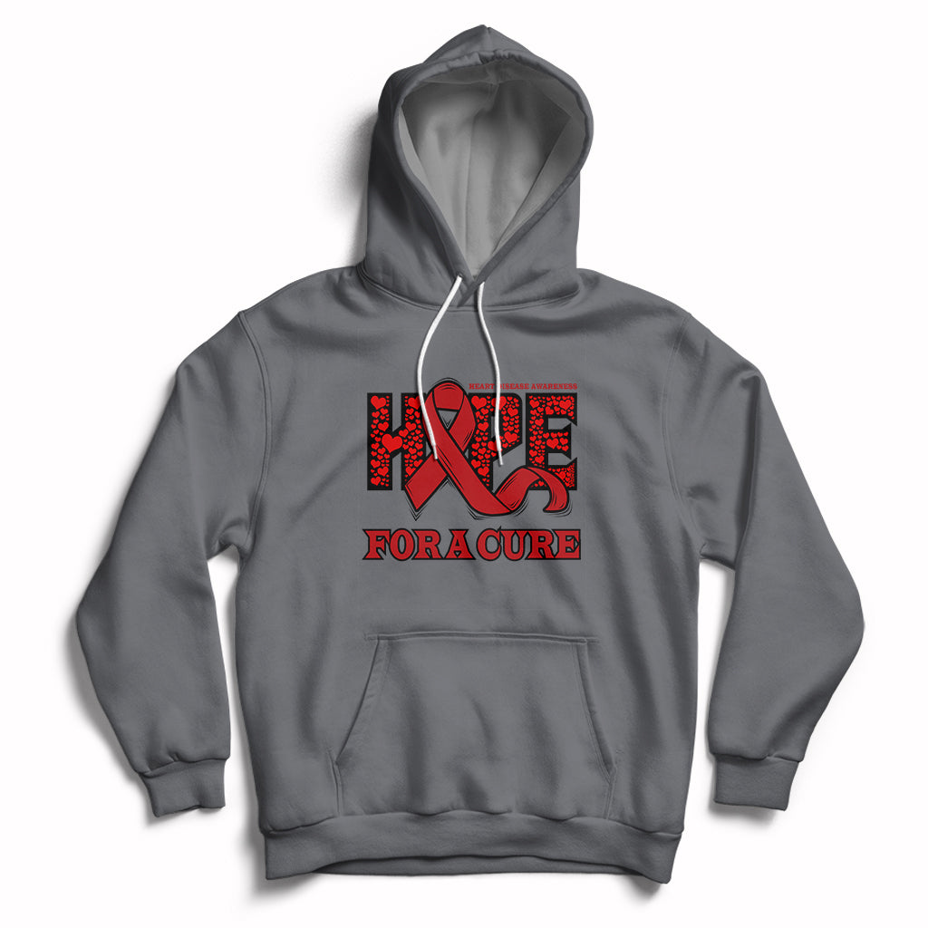 Charcoal heart disease awareness hoodie with red ribbon HOPE and 'FOR A CURE' print