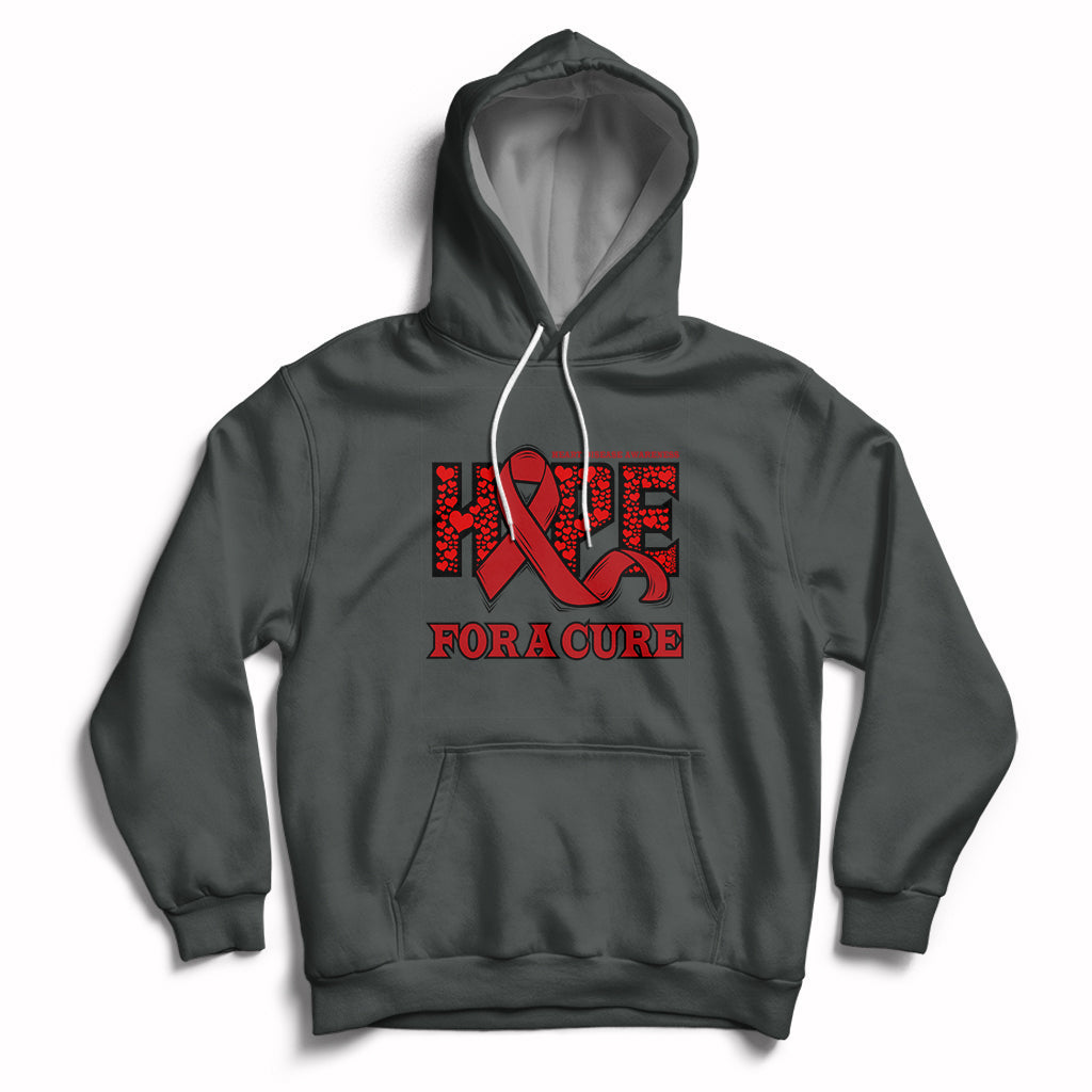 Dark gray heart disease awareness hoodie with red ribbon HOPE and 'FOR A CURE' print