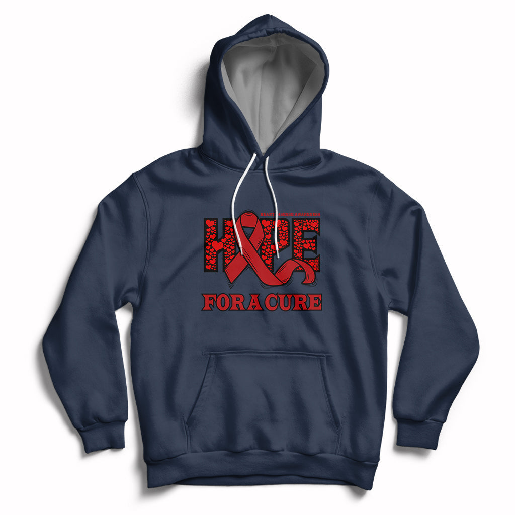 Navy heart disease awareness hoodie with red ribbon HOPE and 'FOR A CURE' print