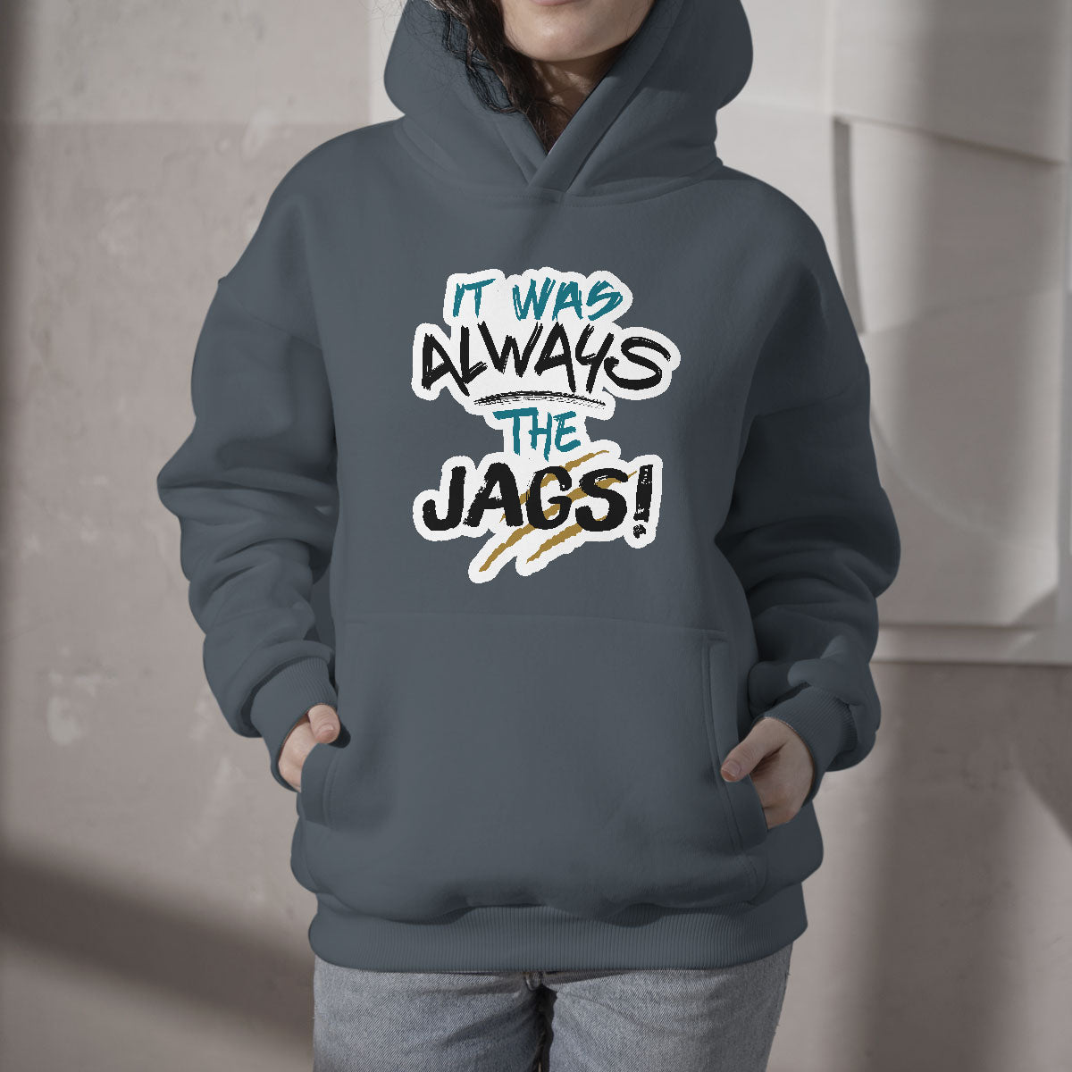 Gray-blue pullover hoodie with front graphic text and kangaroo pocket
