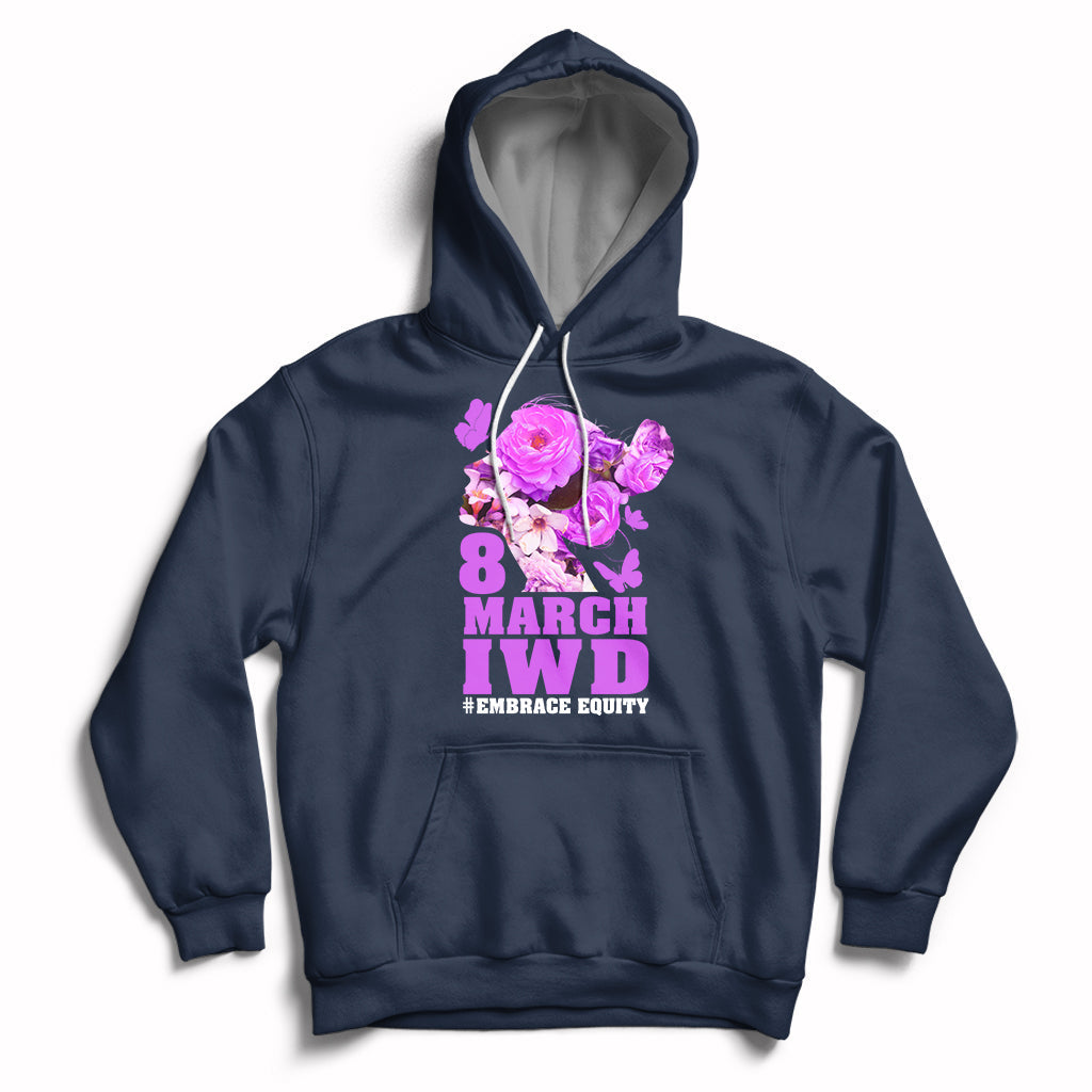Women's navy pullover hoodie with front '8 MARCH IWD' and '#EMBRACE EQUITY' graphic