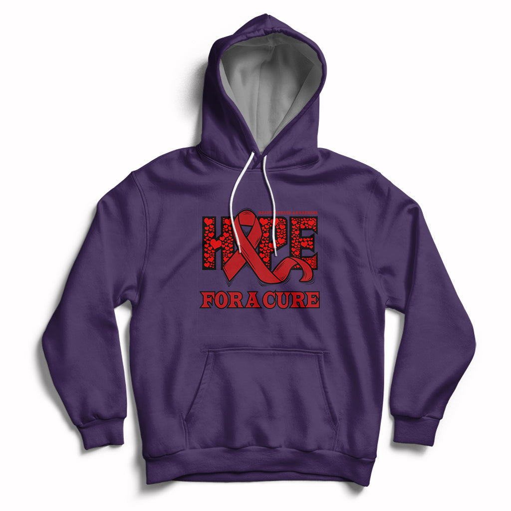 Purple heart disease awareness hoodie with red ribbon HOPE and 'FOR A CURE' print