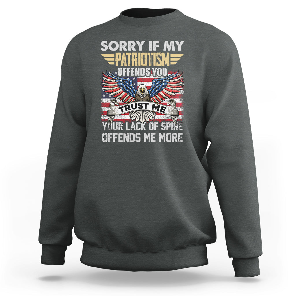 Dark heather crewneck sweatshirt with patriotic eagle graphic and offensive text print