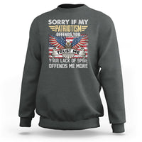 Dark heather crewneck sweatshirt with patriotic eagle graphic and offensive text print