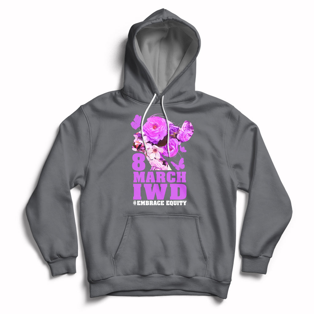 Women's charcoal pullover hoodie with front '8 MARCH IWD' and '#EMBRACE EQUITY' graphic