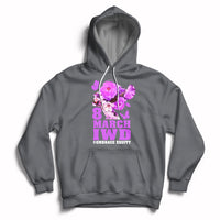 Women's charcoal pullover hoodie with front '8 MARCH IWD' and '#EMBRACE EQUITY' graphic