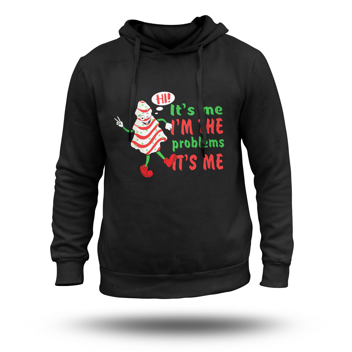 Black hoodie front view with quote print and Christmas tree character graphic
