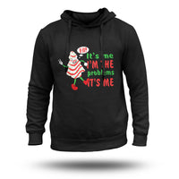 Black hoodie front view with quote print and Christmas tree character graphic