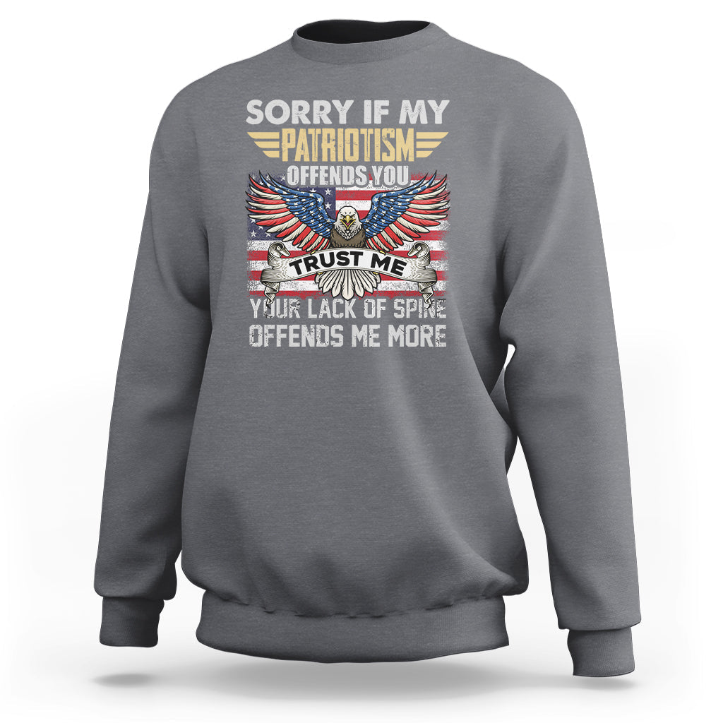 Charcoal crewneck sweatshirt with patriotic eagle graphic and offensive text print