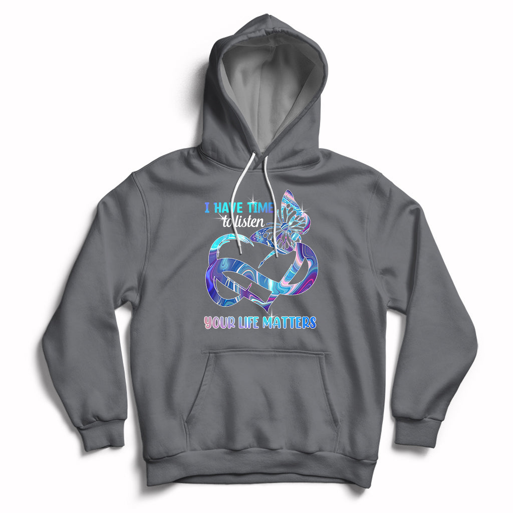 Charcoal suicide prevention hoodie with front heart-and-infinity graphic, hood and pouch pocket