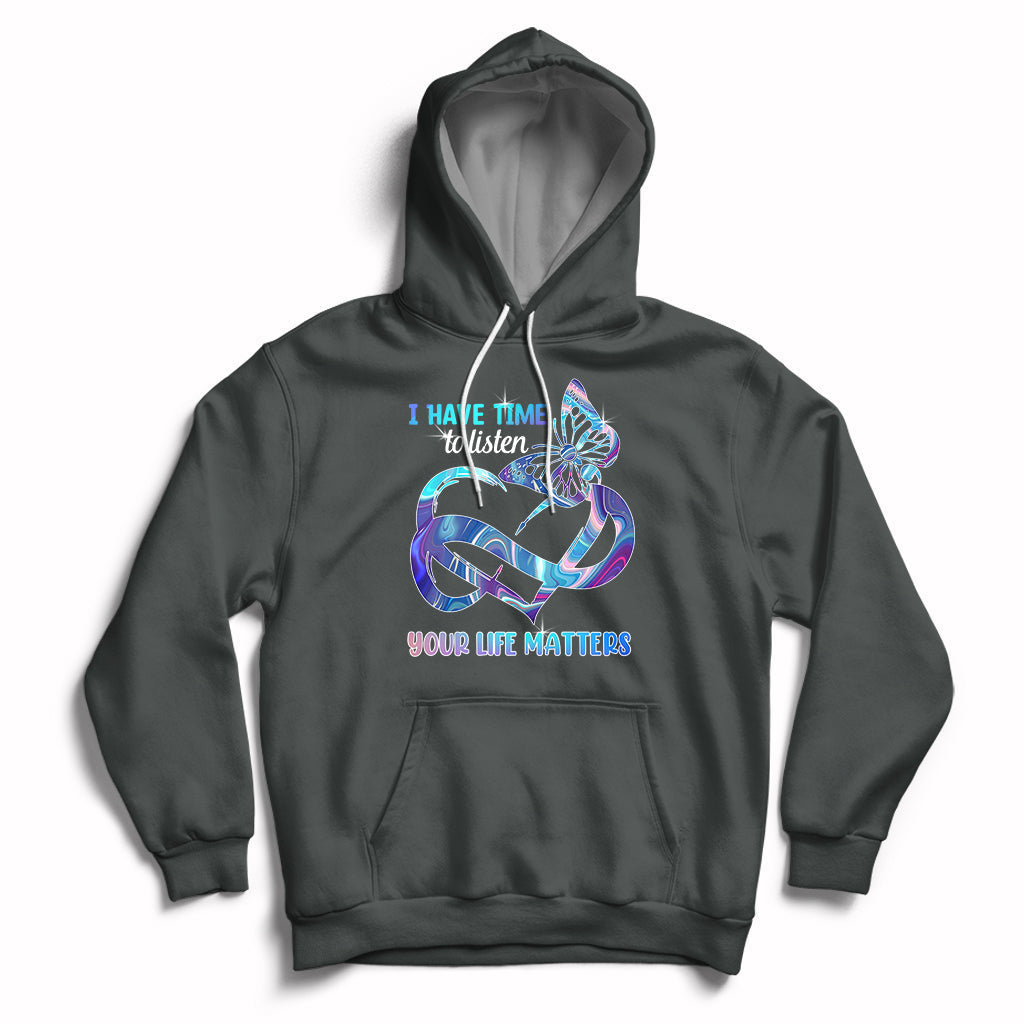 Dark heather suicide prevention hoodie with front heart-and-infinity graphic, hood and pouch pocket