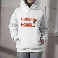 White fan hoodie with kangaroo pocket and 'HUBBARD TO THE HOUSE' front graphic