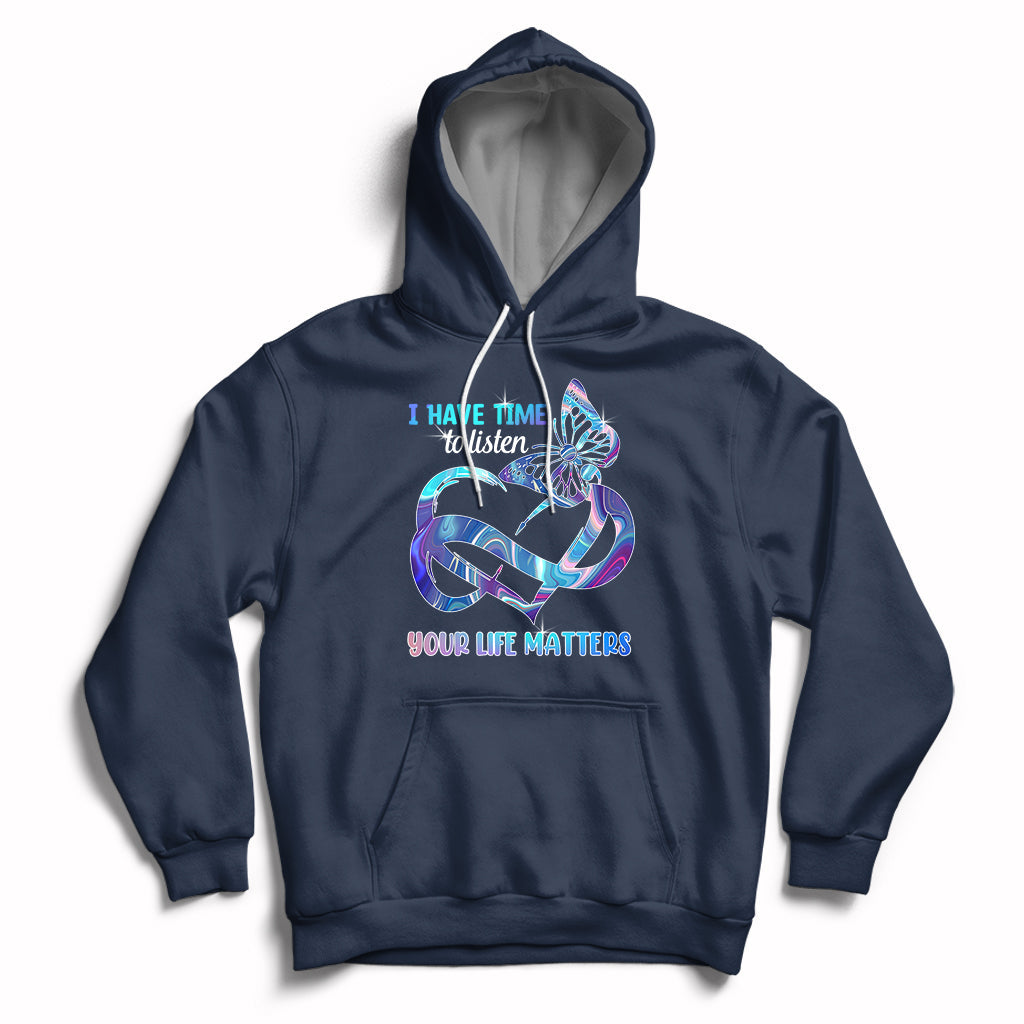 Navy suicide prevention hoodie with front heart-and-infinity graphic, hood and pouch pocket