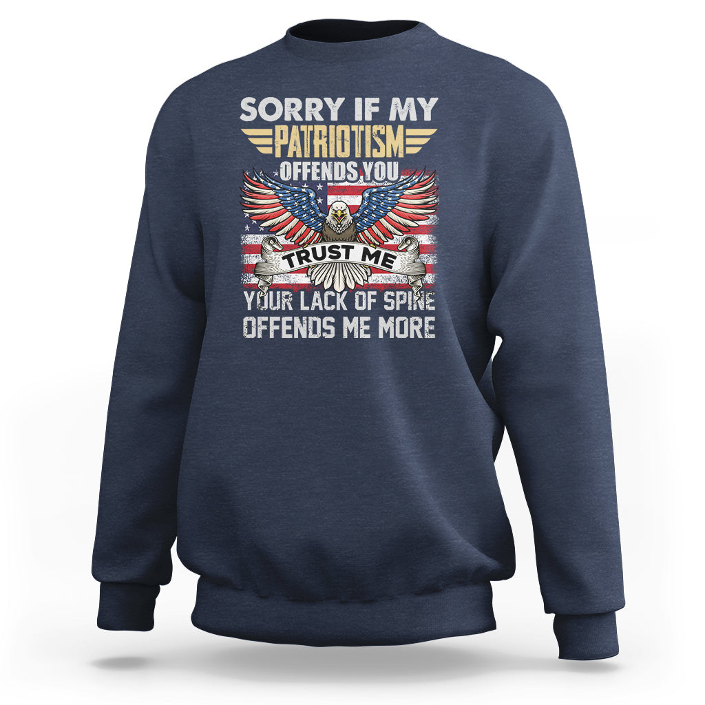 Navy crewneck sweatshirt with patriotic eagle graphic and offensive text print