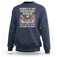 Navy crewneck sweatshirt with patriotic eagle graphic and offensive text print
