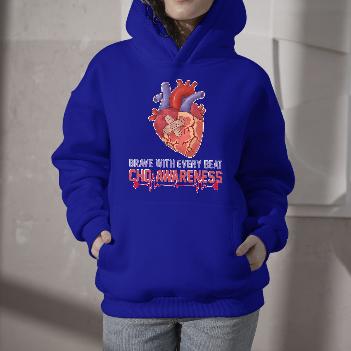 Brave With Every Beat CHD Heart Disease Red And Blue Ribbon Hoodie - Wonder Print Shop