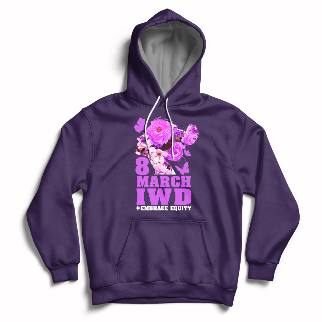 Women's purple pullover hoodie with front '8 MARCH IWD' and '#EMBRACE EQUITY' graphic