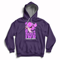 Women's purple pullover hoodie with front '8 MARCH IWD' and '#EMBRACE EQUITY' graphic